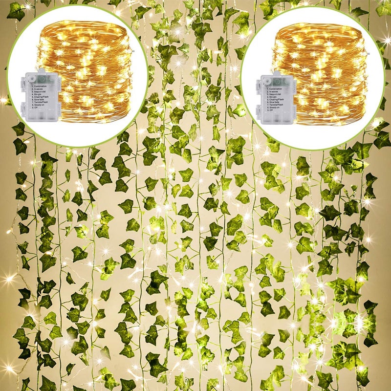 KASZOO 24Pack / Each 82 inch, Artificial Ivy Garland Fake Plants with 160 LED String Light, Green for Wedding Party Garden Outdoor Greenery Wall Decoration - Image 1